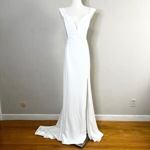 Lulus White Deep V Neck Sleeveless Maxi Dress Wedding Evening Gown Size Large